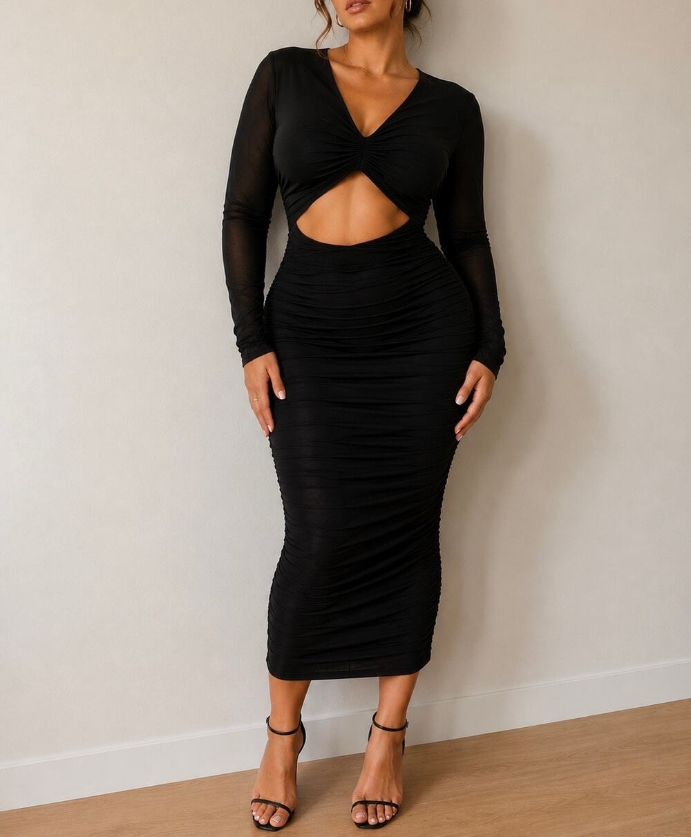 Mistress Rocks LA Black Cutout Ruched Midi Dress Long Sleeve Large